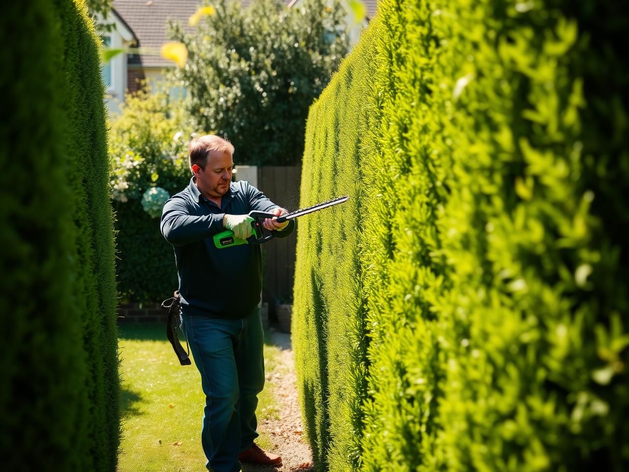 Gärtner schneidet eine Hecke mit dem Heckenschnitter